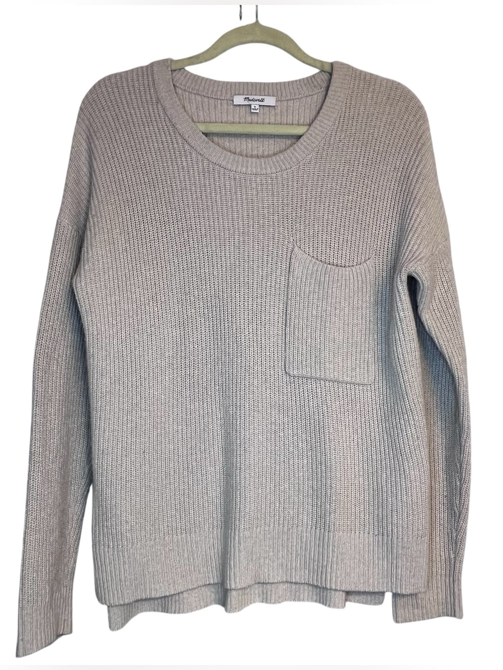 Madewell Neutral Beige Ribbed Thompson Pocket Crew Neck Sweater Minimalist - Picture 5 of 10